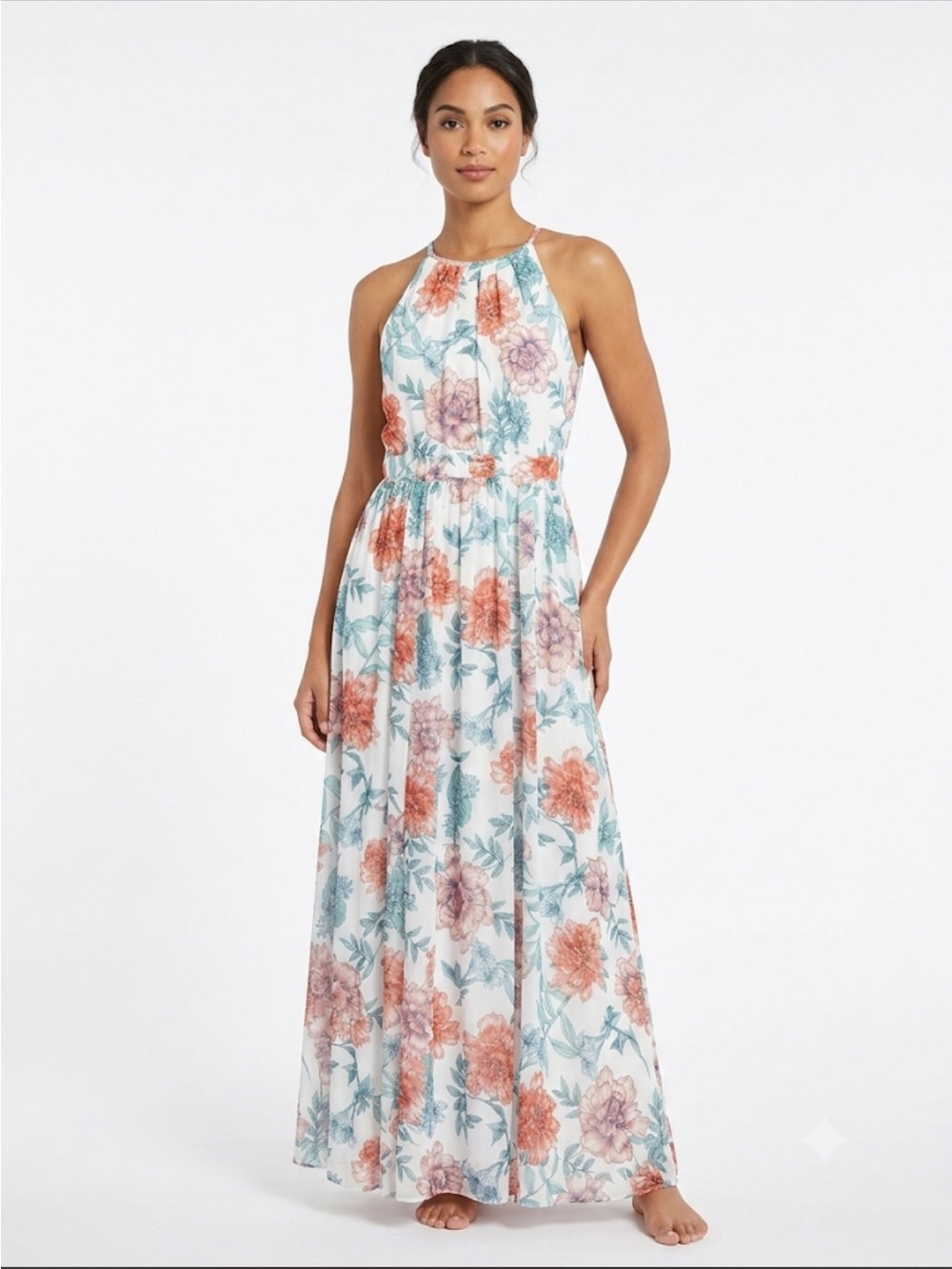 Alexa B Floral Halter Maxi Dress in White with Coral and Teal Flowers